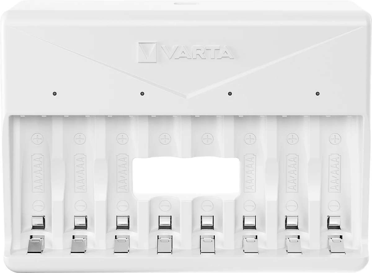 Multi-Akkuladegerät für Batterien Varta, 2/4/6/8x AA/AAA, Ladezeit 4,5 h, USB Type C (inkl. Kabel), 100-240 V, B 180 x T 43 x H 240 mm, weiß