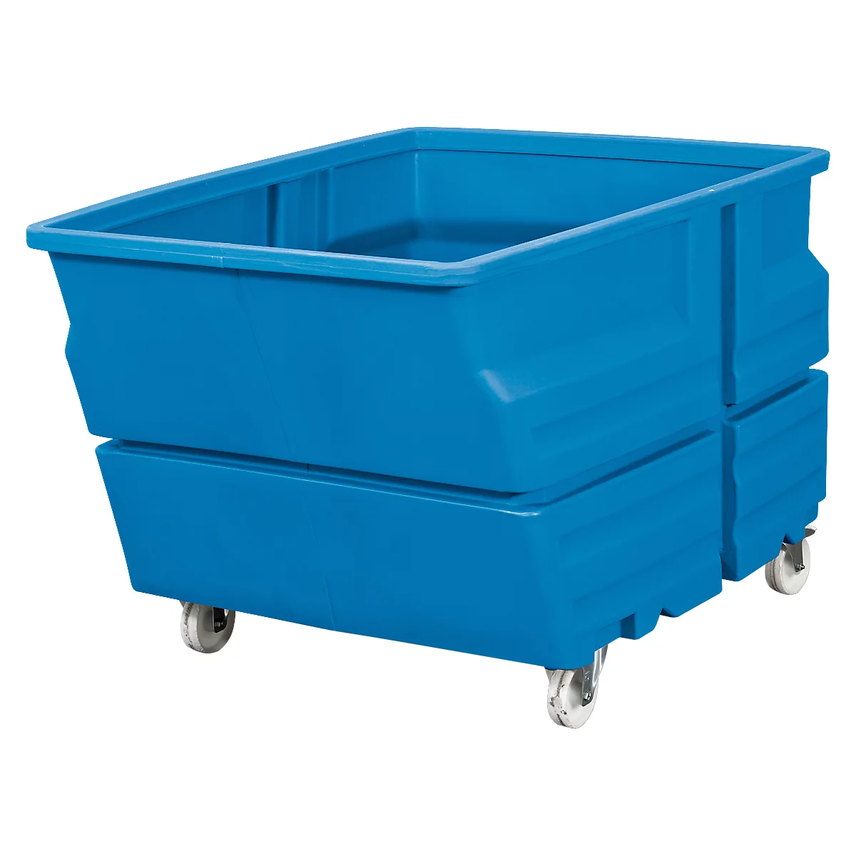 Blue plastic box with wheels, open at the top. The box has a slightly trapezoidal shape.