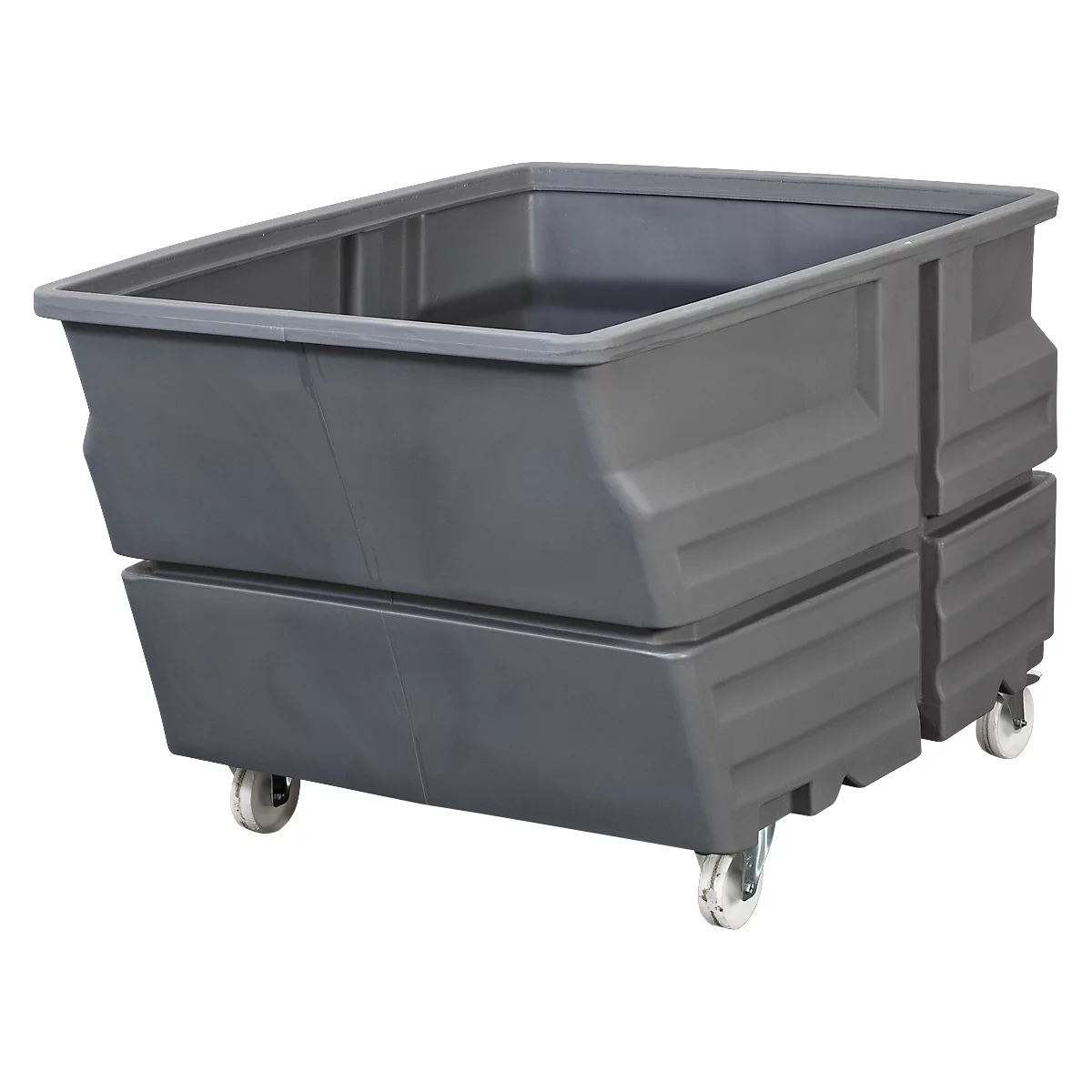 Gray, rolling plastic bin. Rectangular shape, open top. Four wheels at the bottom, ribs on the sides.
