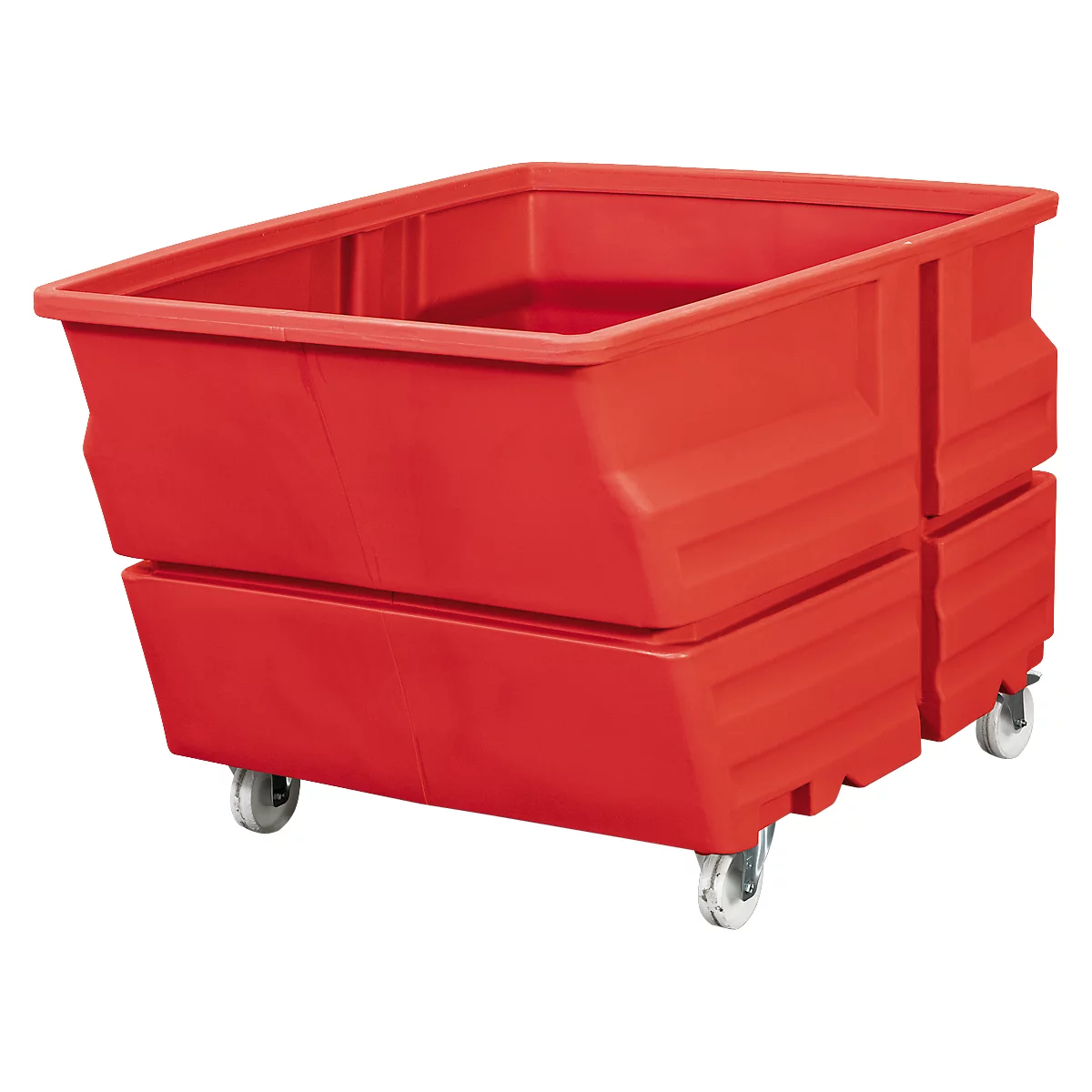 Red transport box on wheels, square shape. The box consists of two parts, which are placed on top of each other.