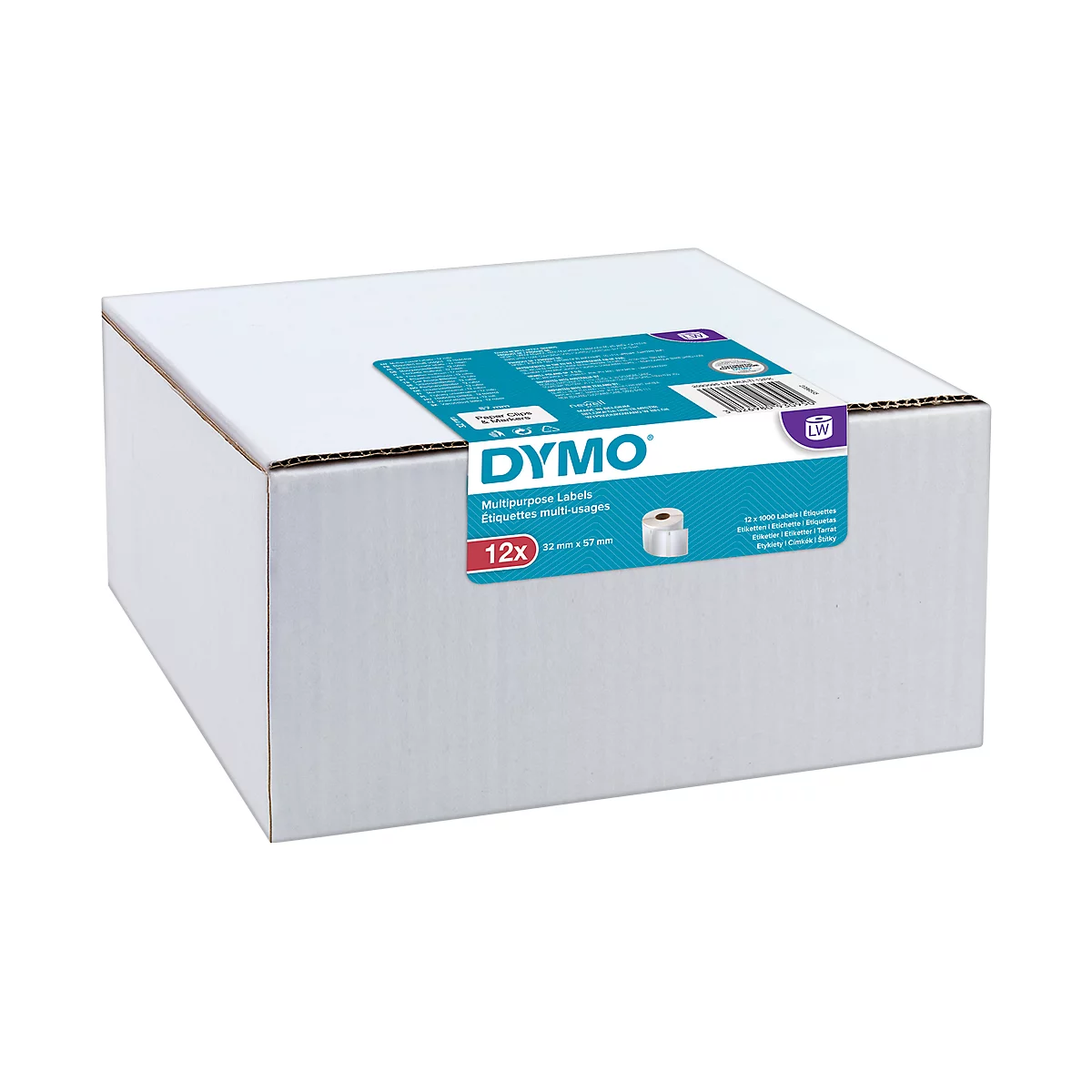 White box of DYMO labels. Information and product images are depicted on the front.