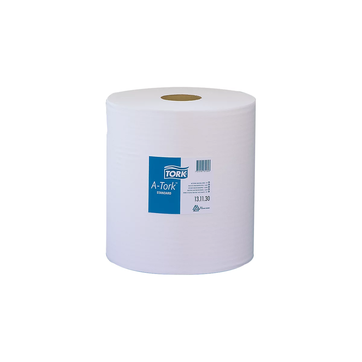 Large roll of white paper towel with a blue sticker 'TORK A-Tork Standard'.