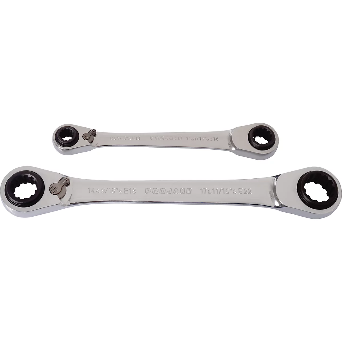 Two silver ratchet wrenches, one smaller than the other, with black inner rings.