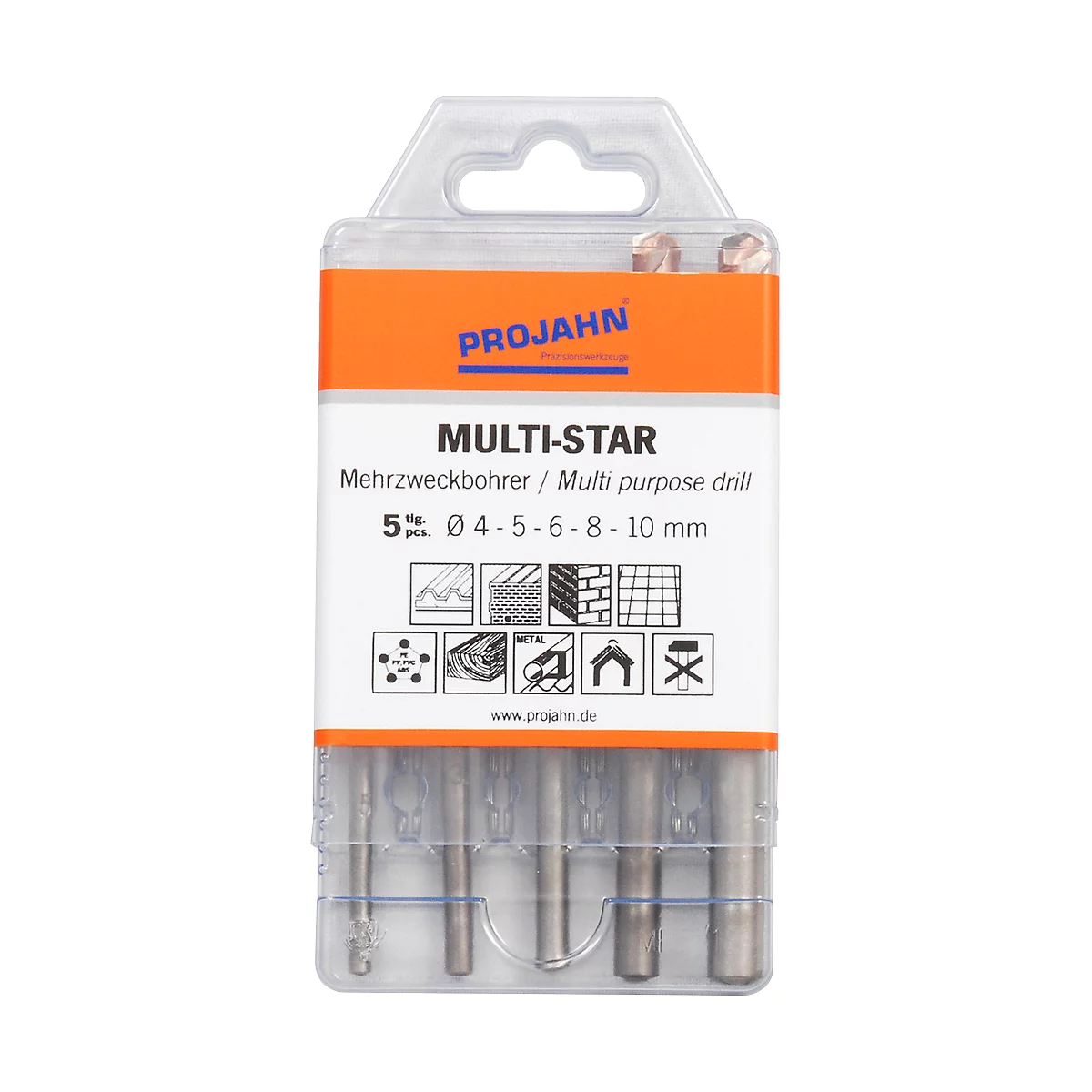 Five drill bits in a plastic case. Inscription: PROJAHN, MULTI-STAR, Mehrzweckbohrer, Ø4-5-6-8-10 mm. Logos for different materials.