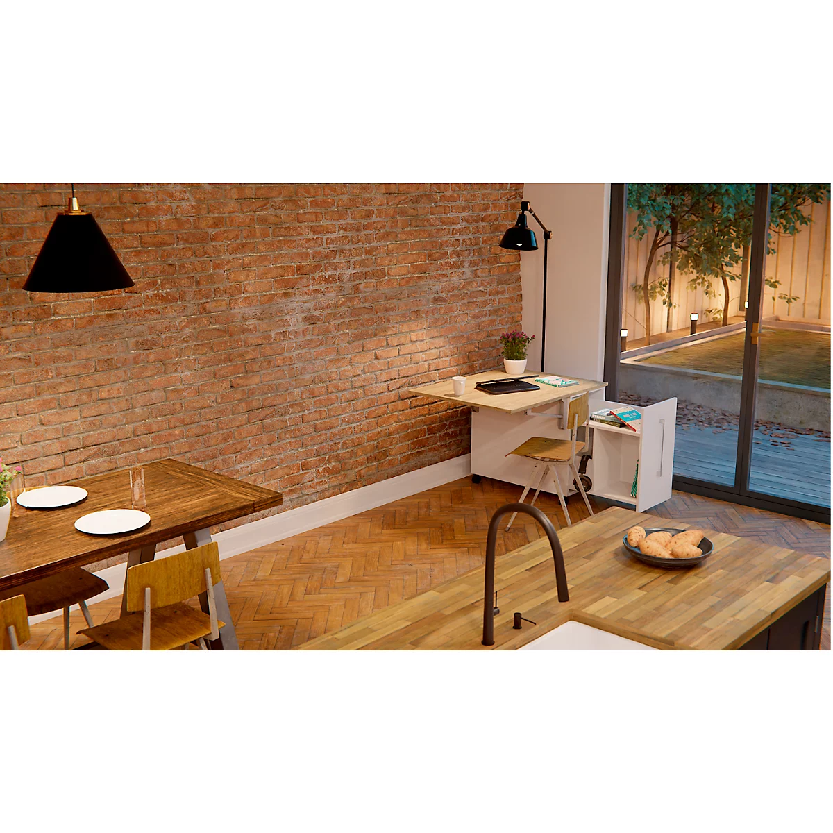 Multicontainer Home Office, verrijdbaar onderstel, opklapbaar zijpaneel links, B 480-1080 x D 800 x H 740 mm, eiken/wit
