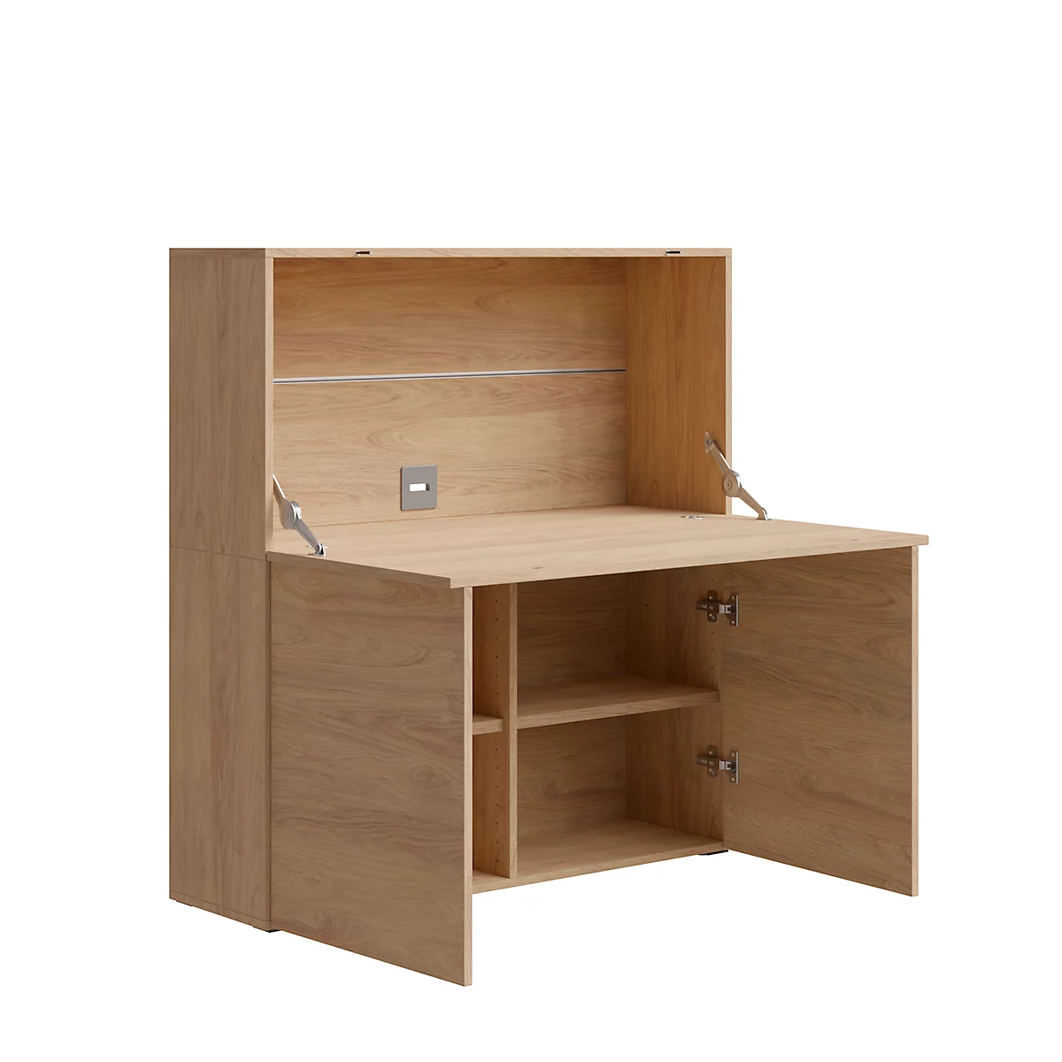 Multicontainer Home Office, verrijdbaar onderstel, opklapbaar zijpaneel links, B 480-1080 x D 800 x H 740 mm, eiken/wit