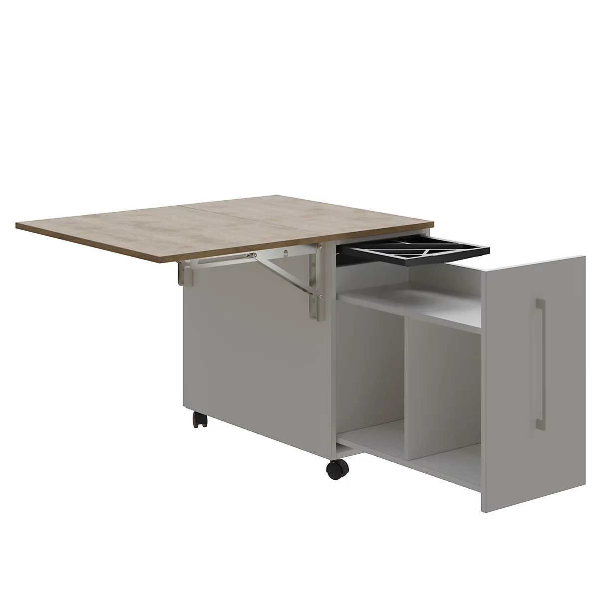 Multicontainer Home Office, verrijdbaar onderstel, opklapbaar zijpaneel rechts, B 480-1080 x D 800 x H 740 mm, eiken/wit