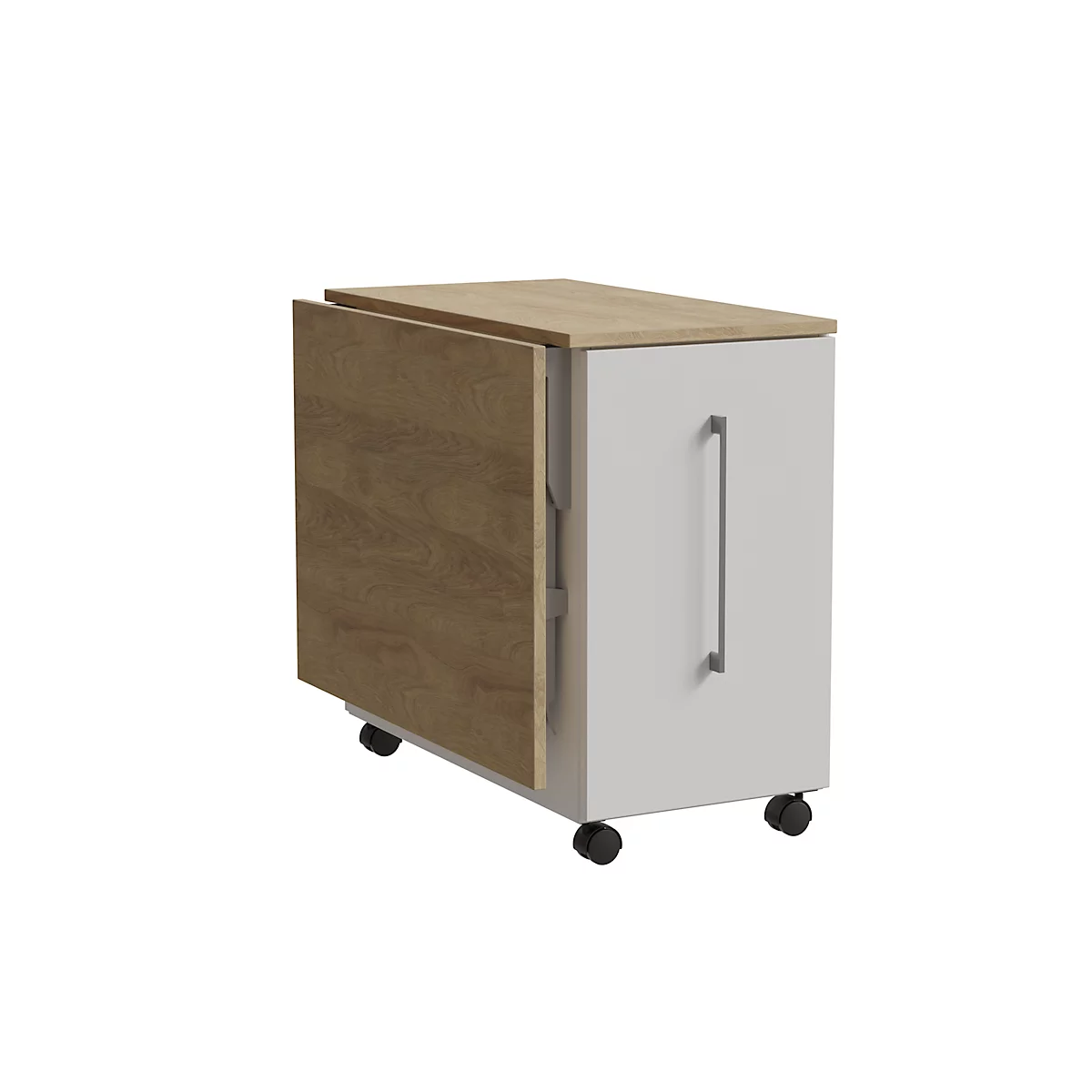 Multicontainer Home Office, verrijdbaar onderstel, opklapbaar zijpaneel rechts, B 480-1080 x D 800 x H 740 mm, eiken/wit