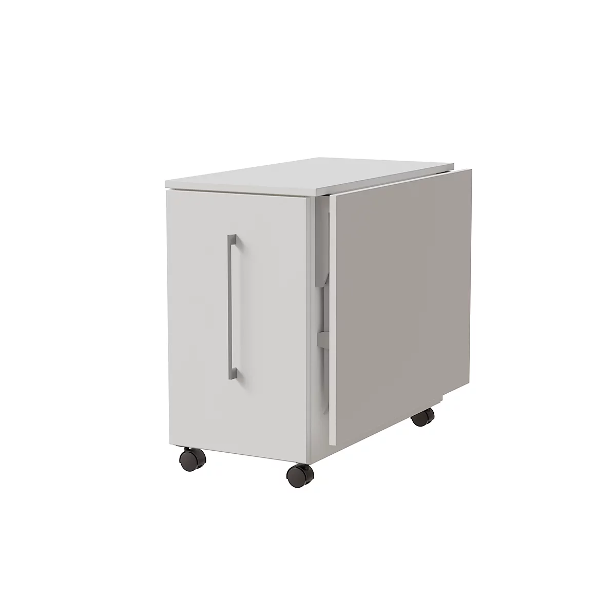 Multicontainer Home Office, verrijdbaar onderstel, opklapbaar zijpaneel rechts, B 480-1080 x D 800 x H 740 mm wit/wit