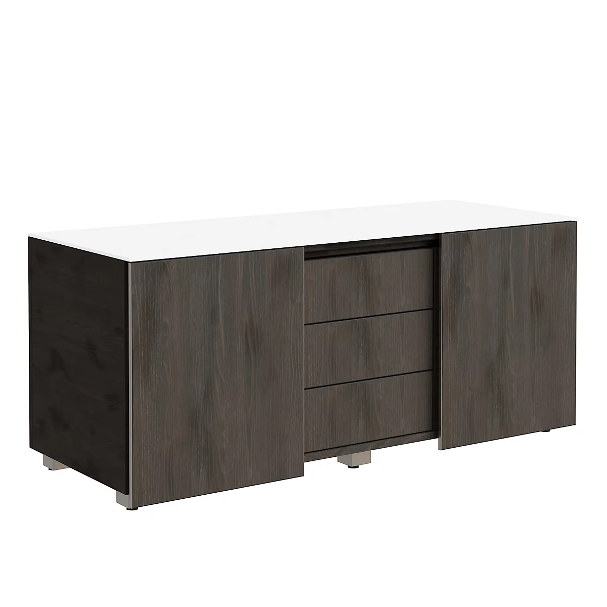 Dark sideboard chest with white top, wood structure and three drawers. The doors partially cover the drawers.