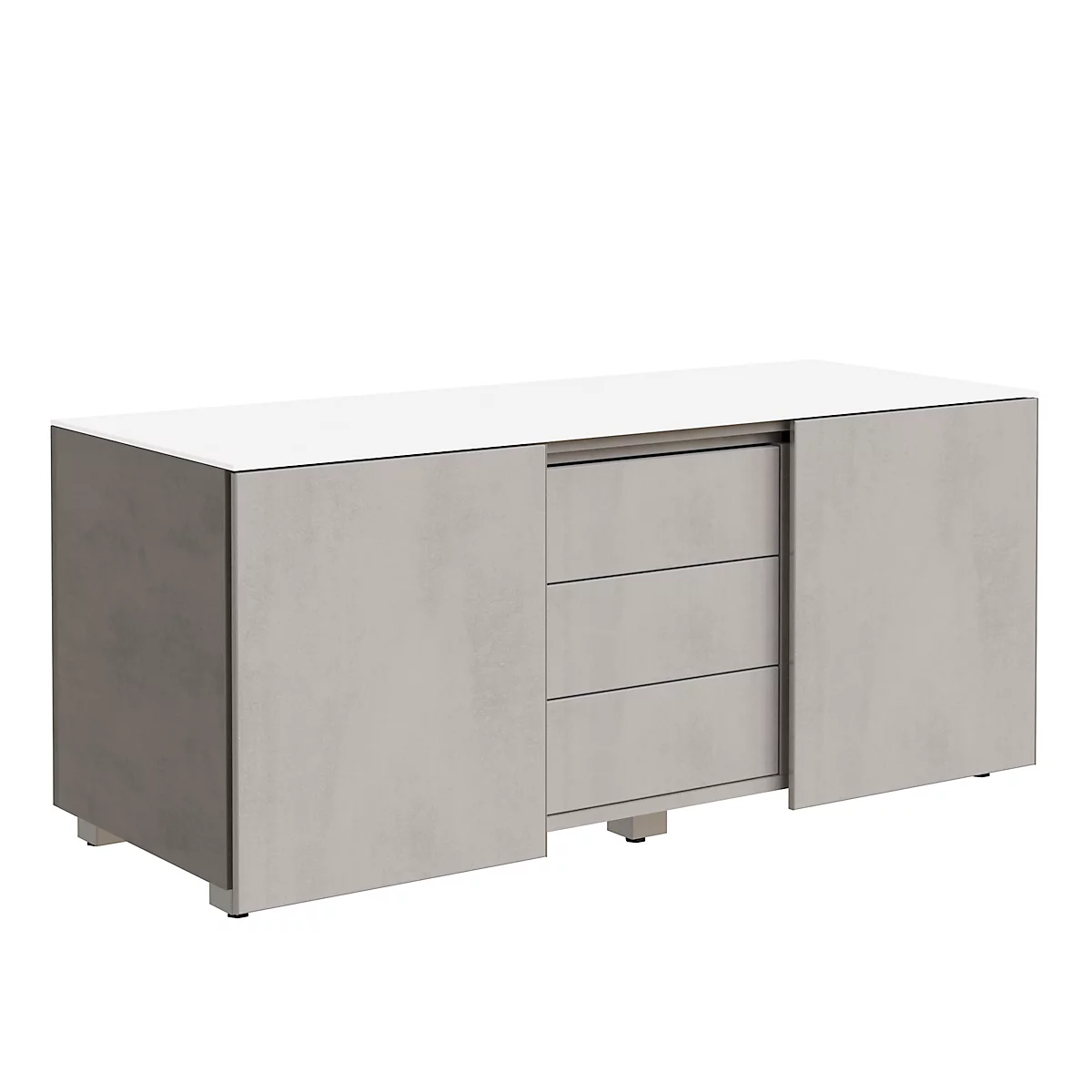 Modern sideboard with grey textured body and white top, three drawers. Interior design.
