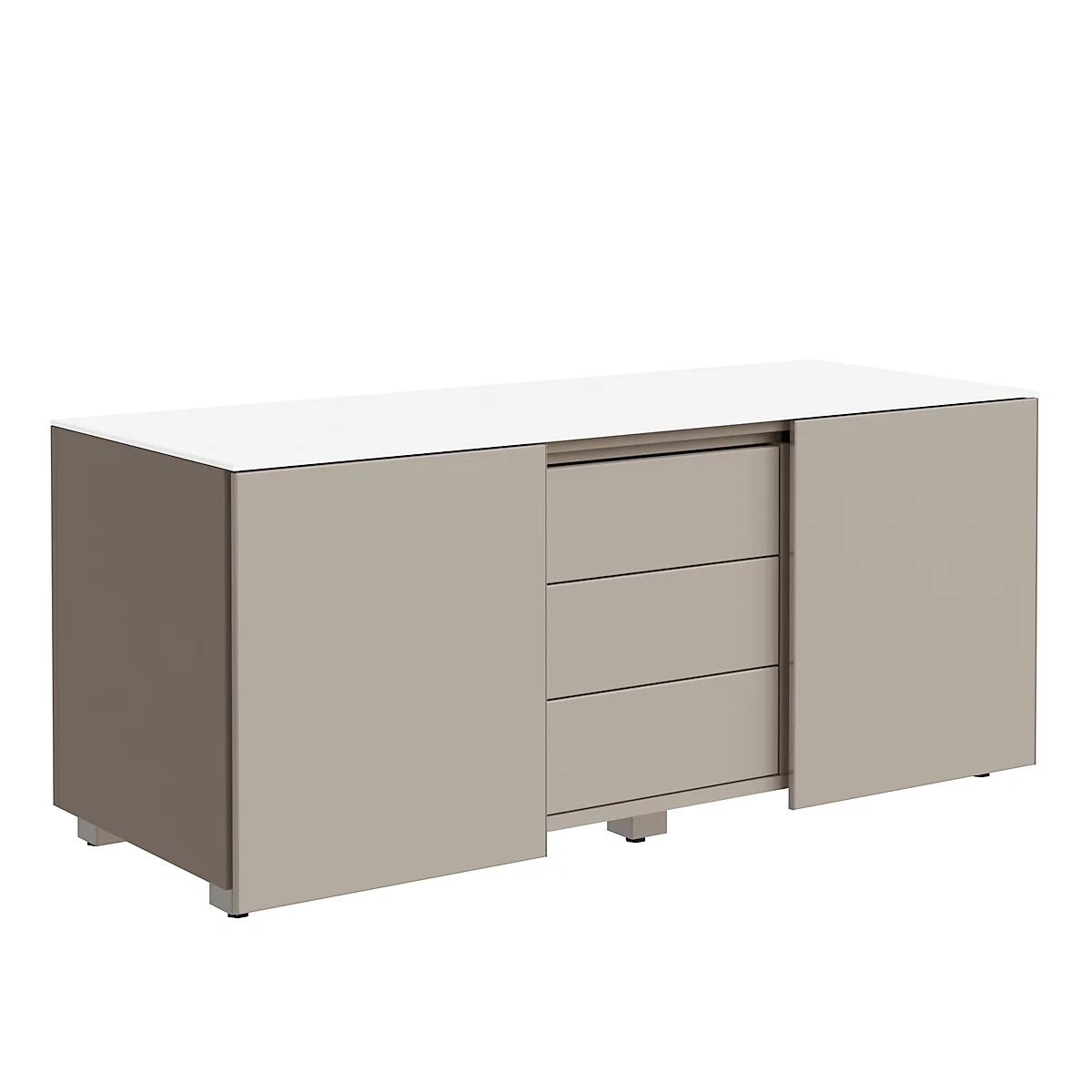 Sideboard with sliding doors and drawers. The top panel is white, the body is gray, the feet are silver.