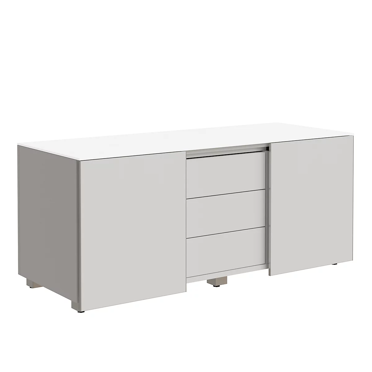 White sideboard with three drawers and two doors, against a white background.