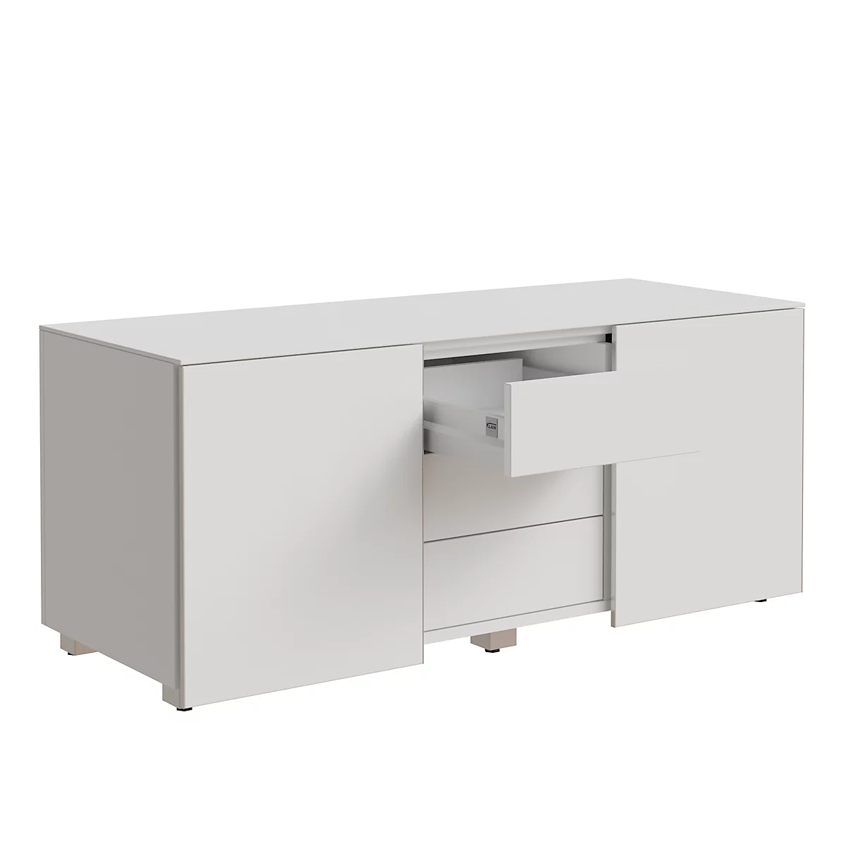 White dresser with drawer open. On a light background.