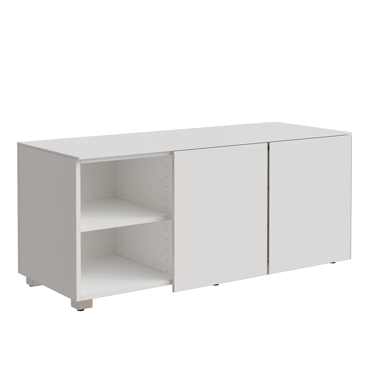 White sideboard with cabinet and two shelves. Two doors on the right.