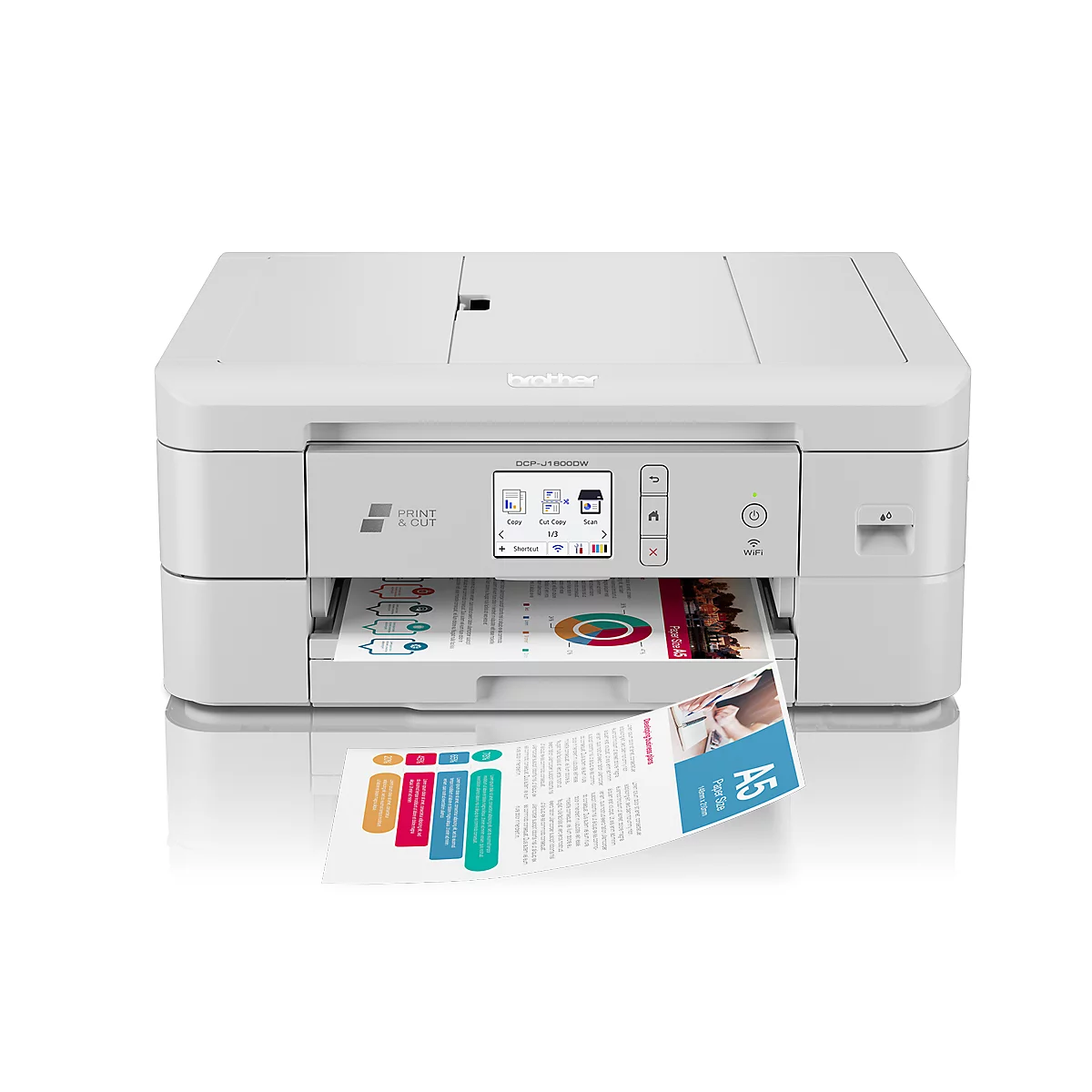 Multifonction à encre Brother DCP-J1800DW, couleur &amp; N&amp;B, 3 en 1, impression/copie/numérisation, USB/LAN/Wi-Fi, recto-verso, jusqu'à A4, L 400 x P 343 x H 172 mm