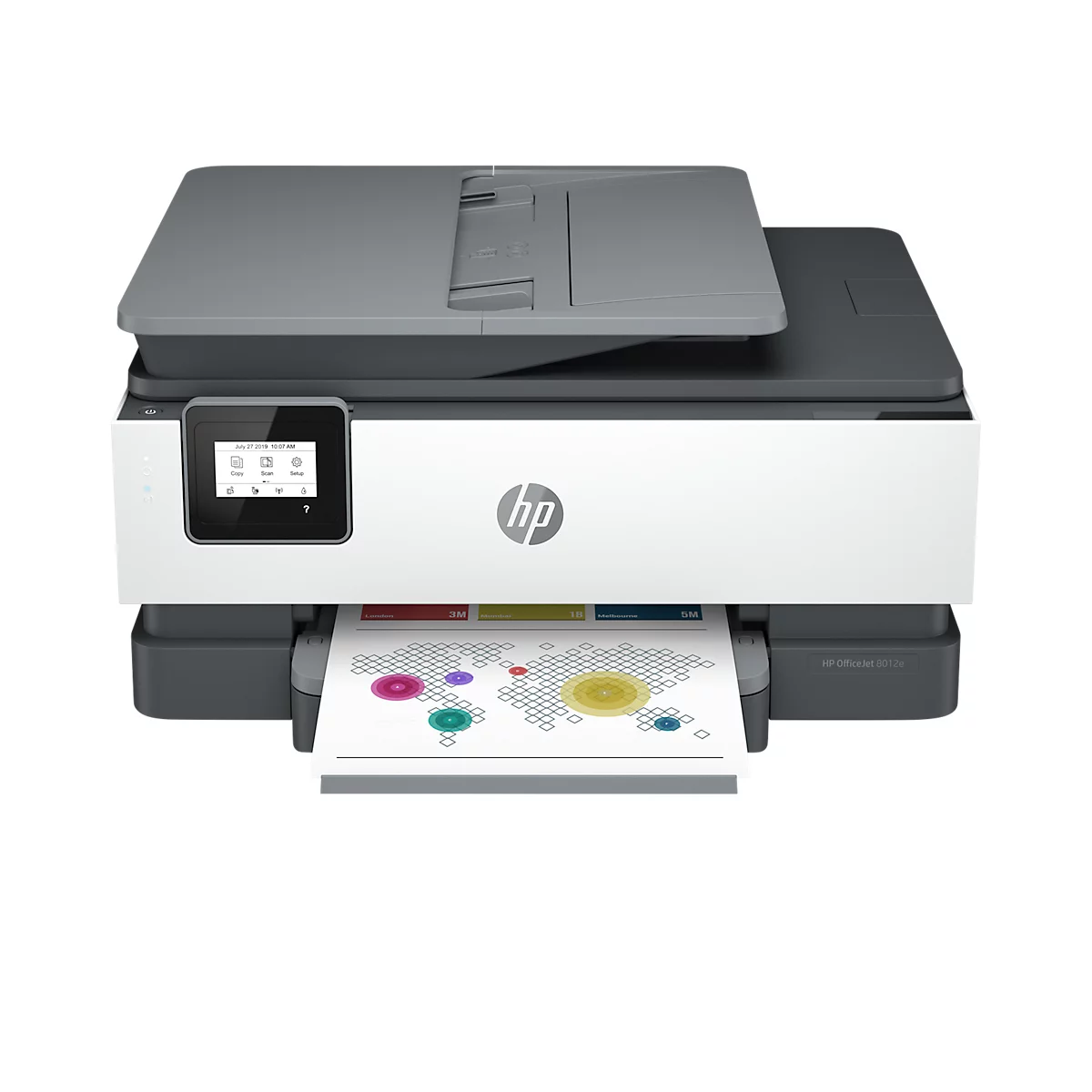 Une imprimante multifonction HP blanche et grise imprime un graphique coloré. Des icônes sont affichées sur l'écran.
