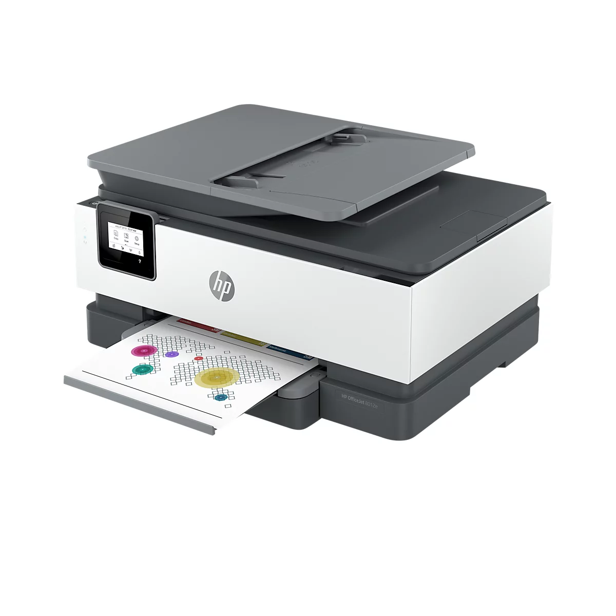 Une imprimante HP blanche et grise imprimant un document coloré. Il y a un panneau de commande sur l'imprimante.