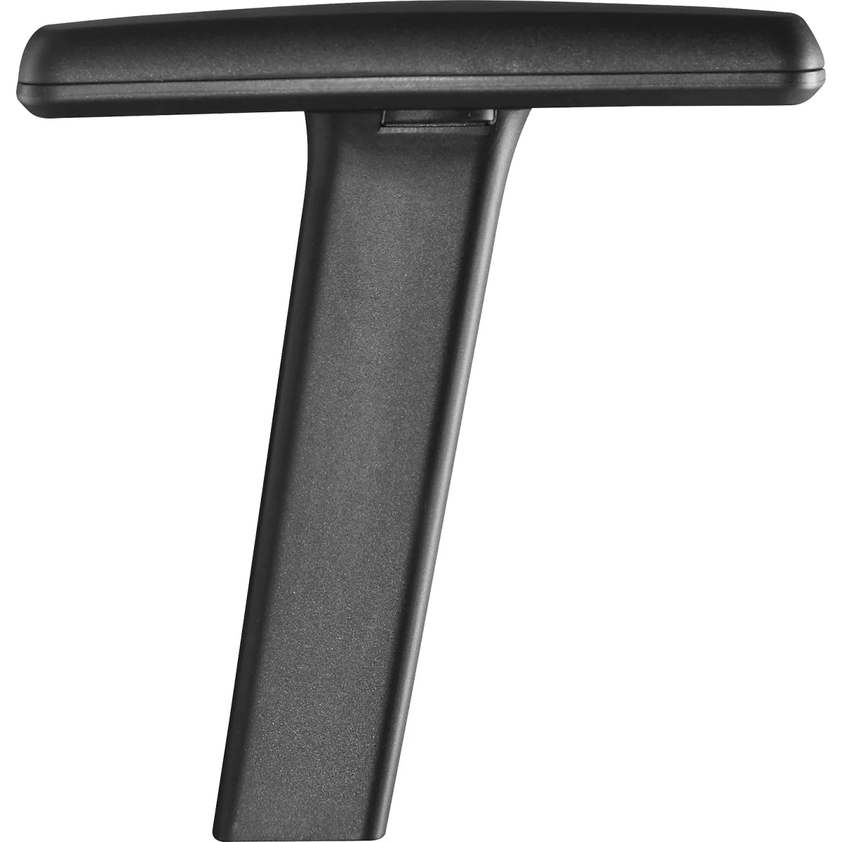 Black chair armrest. The top part is horizontal, the bottom part is vertical.