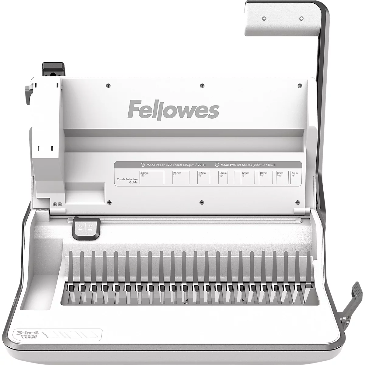 White Fellowes binding machine with 3-in-1 function.