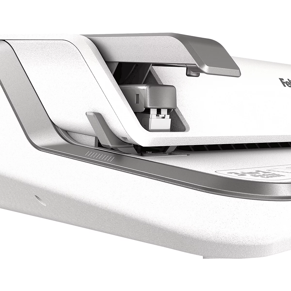 Close-up of a white and gray stapler. The stapler is partially open, revealing the mechanism.