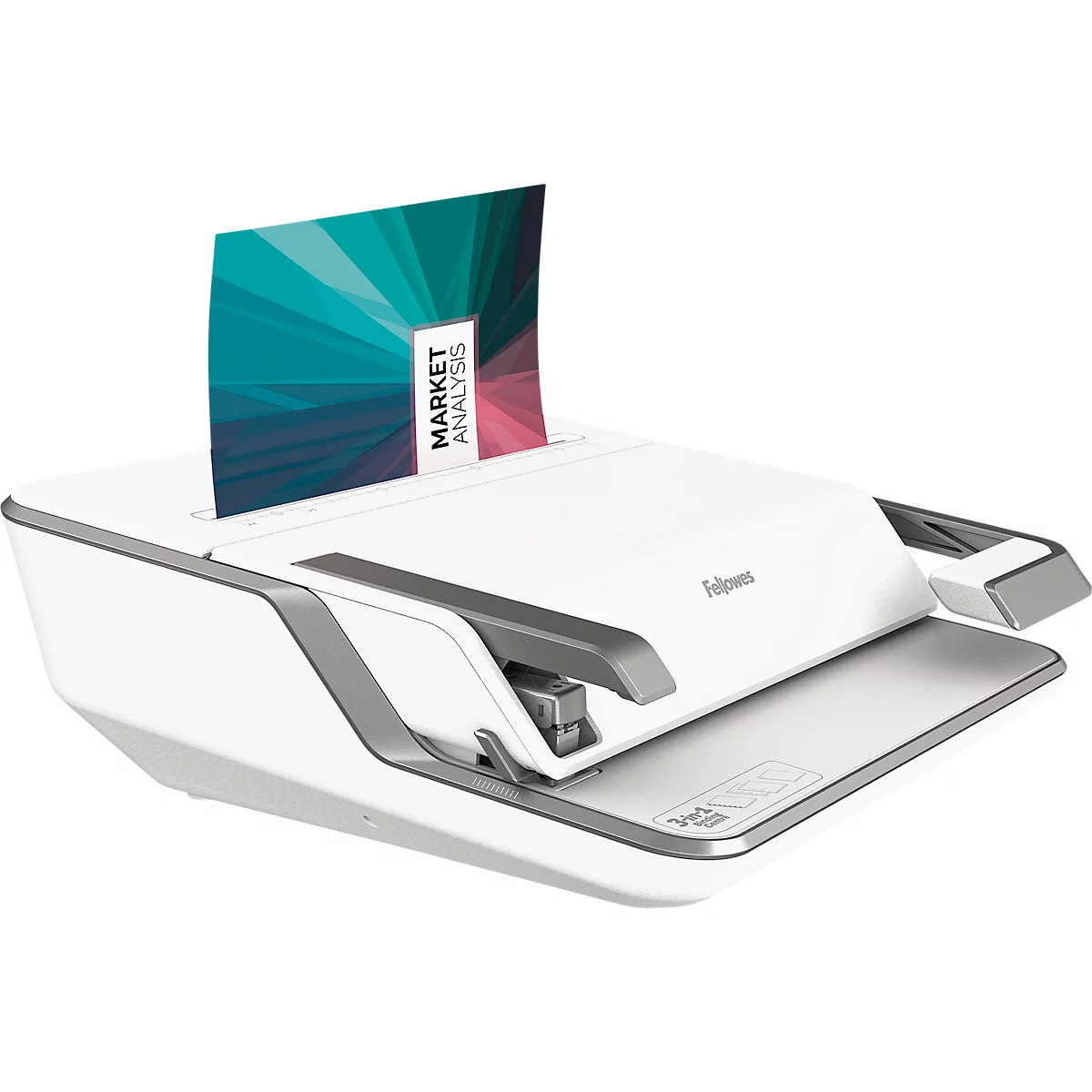 A white binding machine with a colorful document labeled 'MARKET ANALYSIS'.