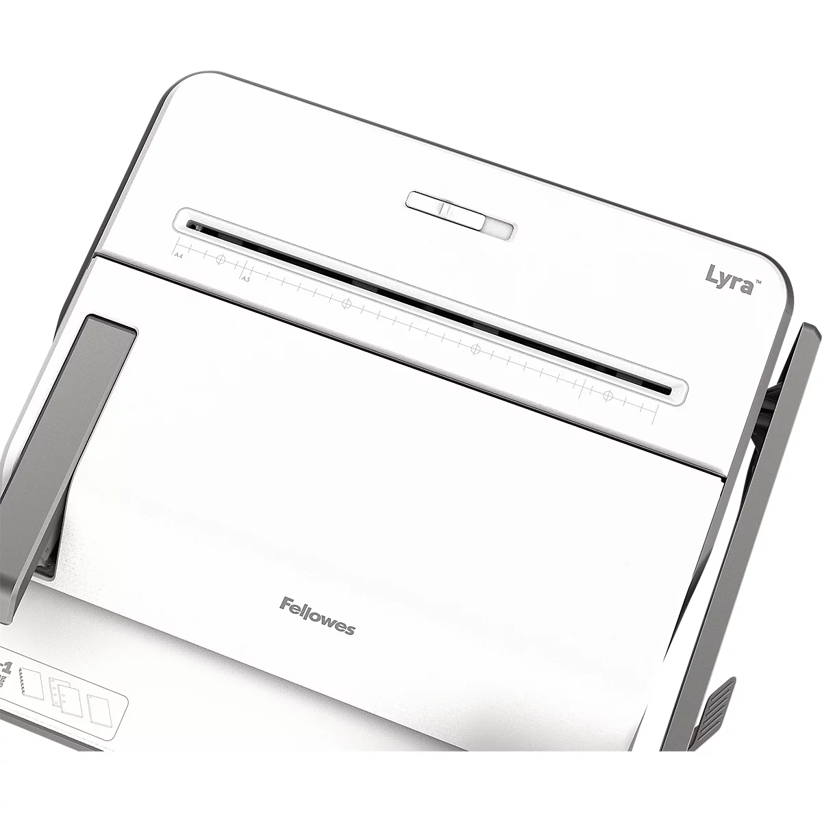 White paper shredder. With the lettering "Lyra" and "Fellowes".