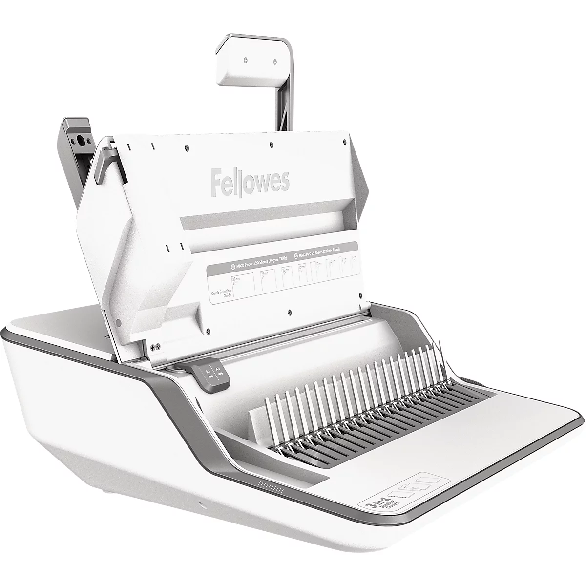 White and grey binding machine with Fellowes logo. Handle on top and pins at the bottom.