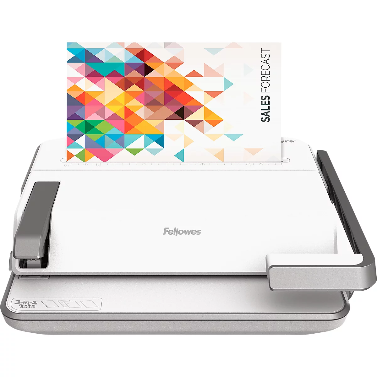 White Fellowes binding machine with document showing colorful geometric pattern and "SALES FORECAST" text.