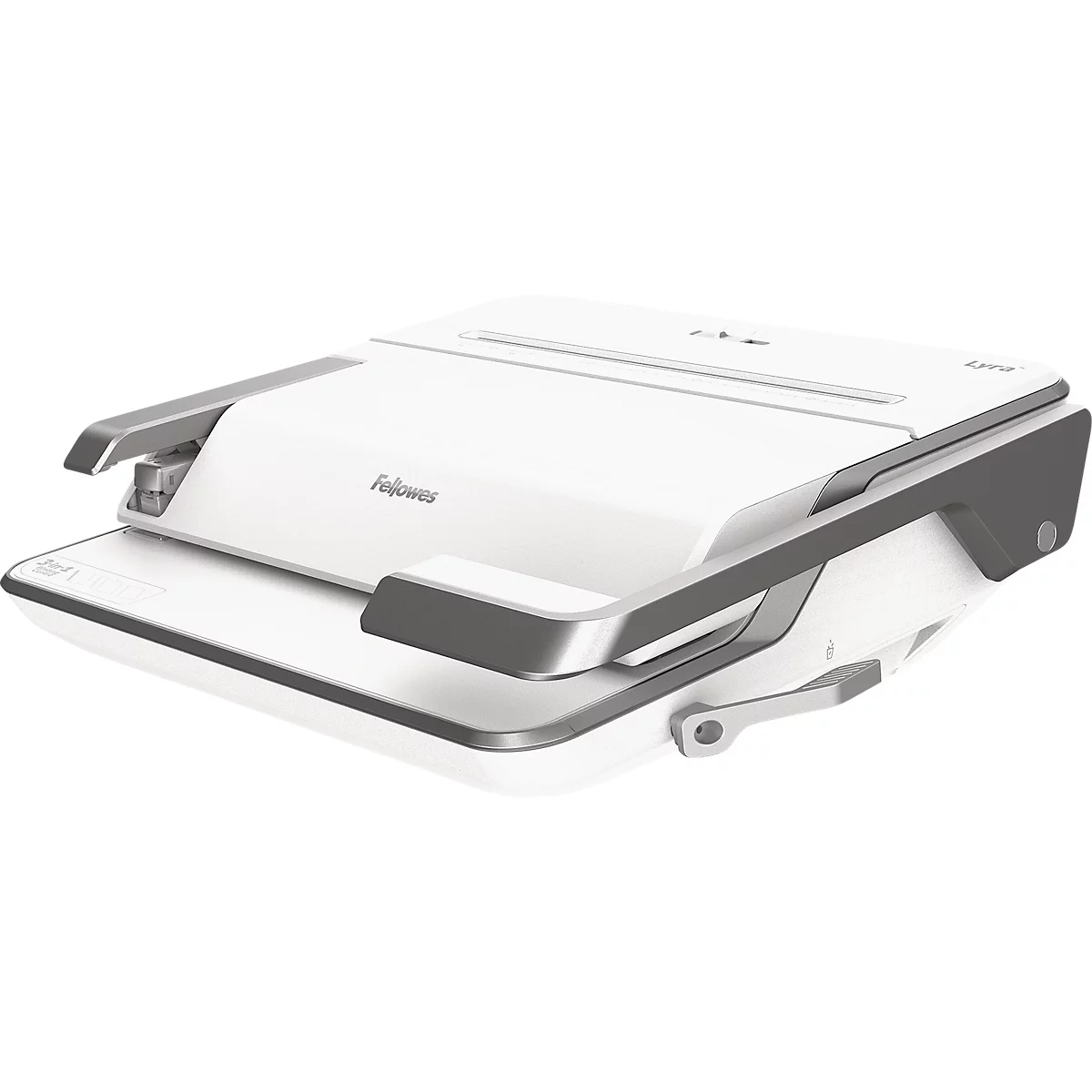 A white laminator with silver accents and the "Fellowes" logo.