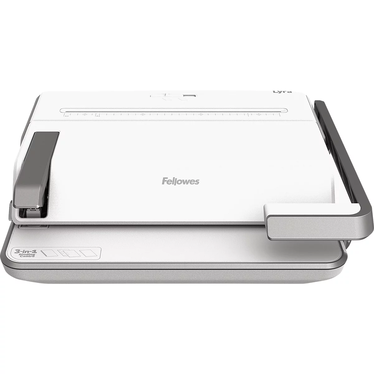 White and gray Fellowes binding machine from above. Gray brackets are attached at the top left and right. Fellowes is written on the device.