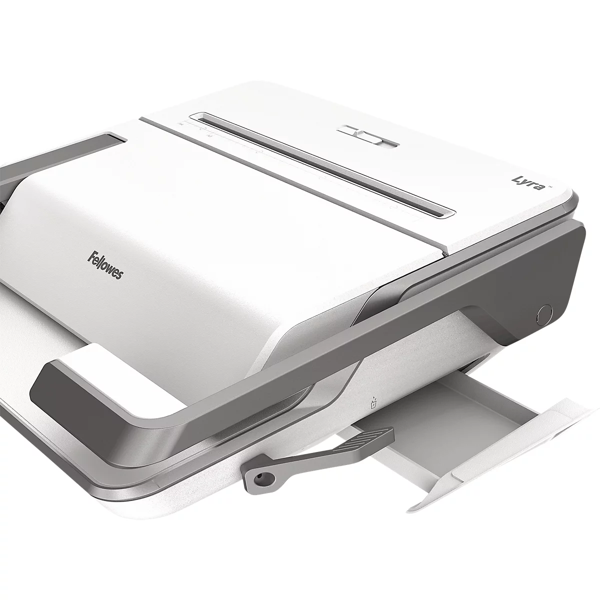 A white and gray paper shredder. The Fellowes logo is visible. The paper tray is pulled out.