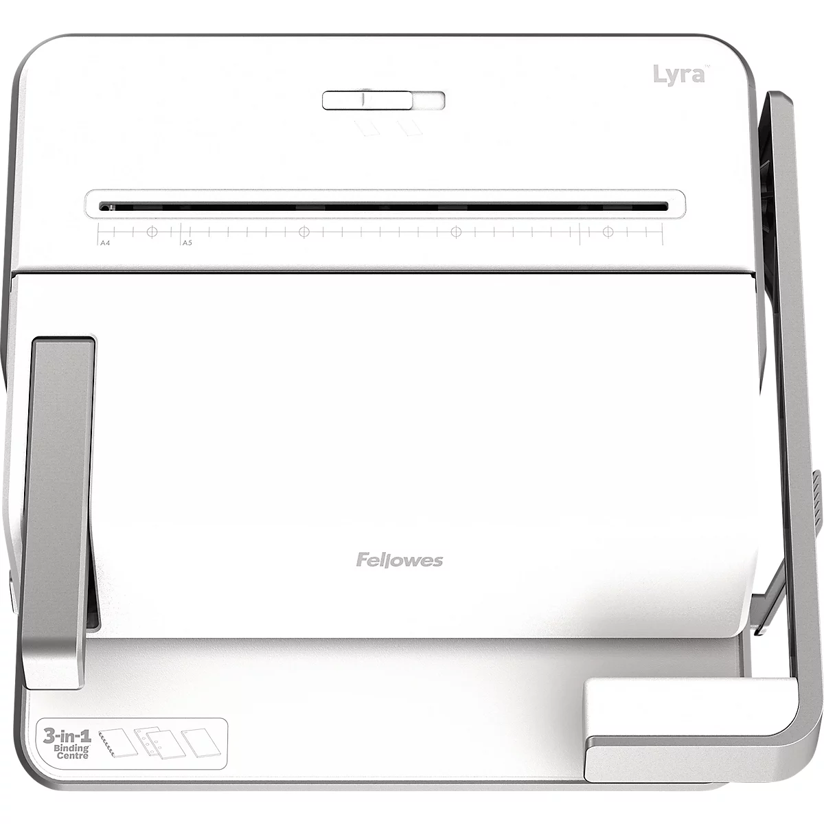 White paper shredder with 'Lyra' branding. The shredder has a 'Fellowes' logo and various labeled areas.