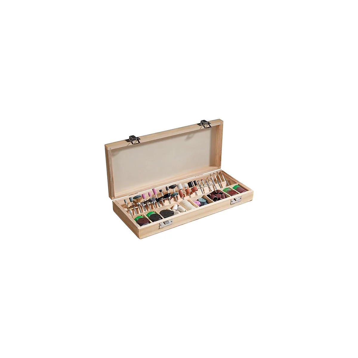 Houten kist met talrijke slijp- en polijstaccessoires. Het deksel is open en de gebruiksvoorwerpen zijn netjes gerangschikt.