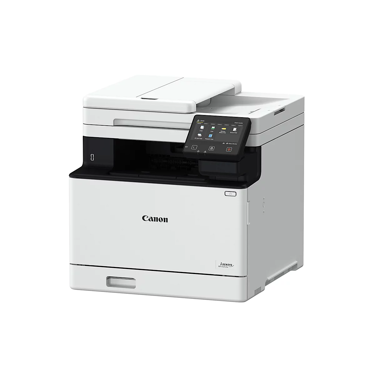 Witte Canon multifunctionele printer met touchscreen bedieningspaneel. Boven open klep, daaronder het Canon logo.