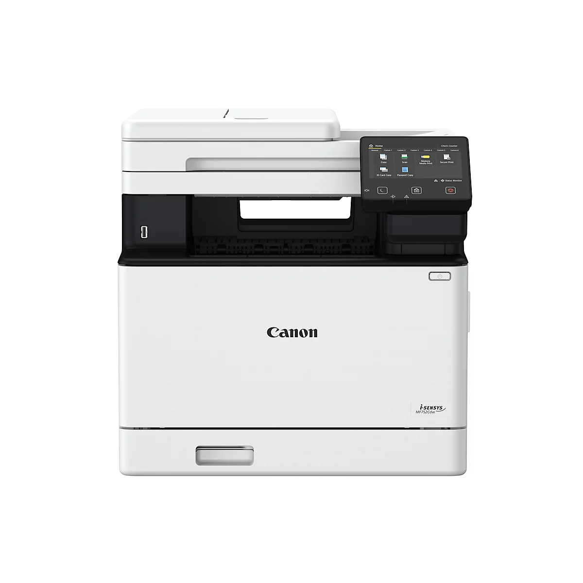 Een witte Canon multifunctionele printer tegen een witte achtergrond. Er is een touchscreen display aan de rechterkant. Het Canon-logo is duidelijk zichtbaar.