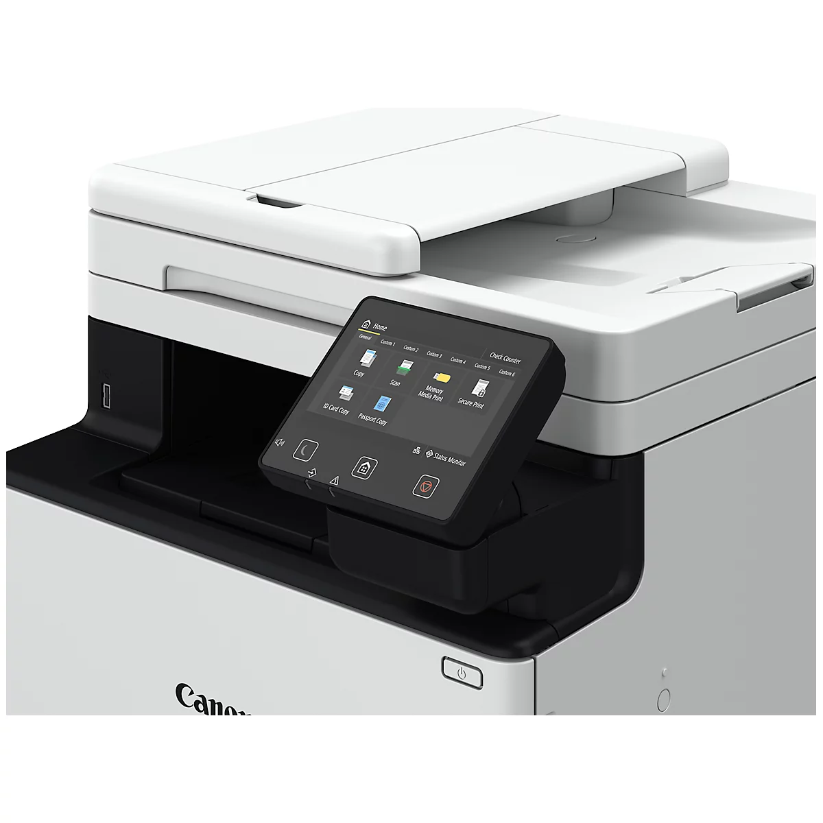 Detailopname van een witte Canon multifunctionele printer. Het zwarte touchscreen toont pictogrammen. De printer staat op een wit oppervlak.