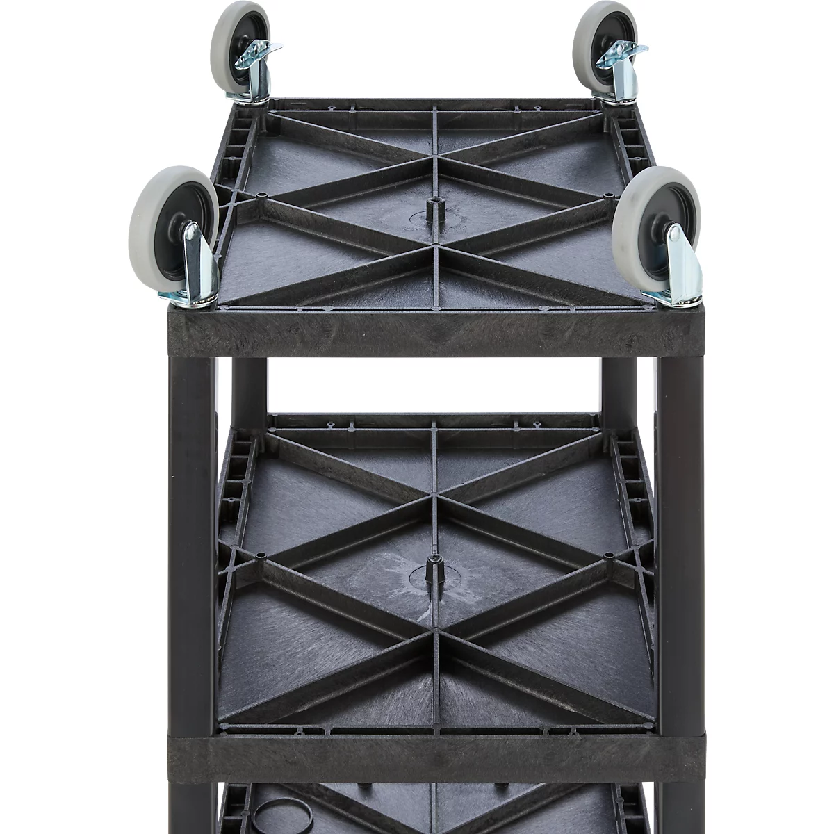 Zwarte rolwagen met twee niveaus en vier zwenkwielen vanuit vogelperspectief.