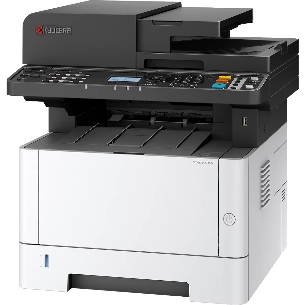 Een zwart-witte Kyocera multifunctionele printer. Boven de papierlade bevindt zich een bedieningspaneel met knoppen en een display.