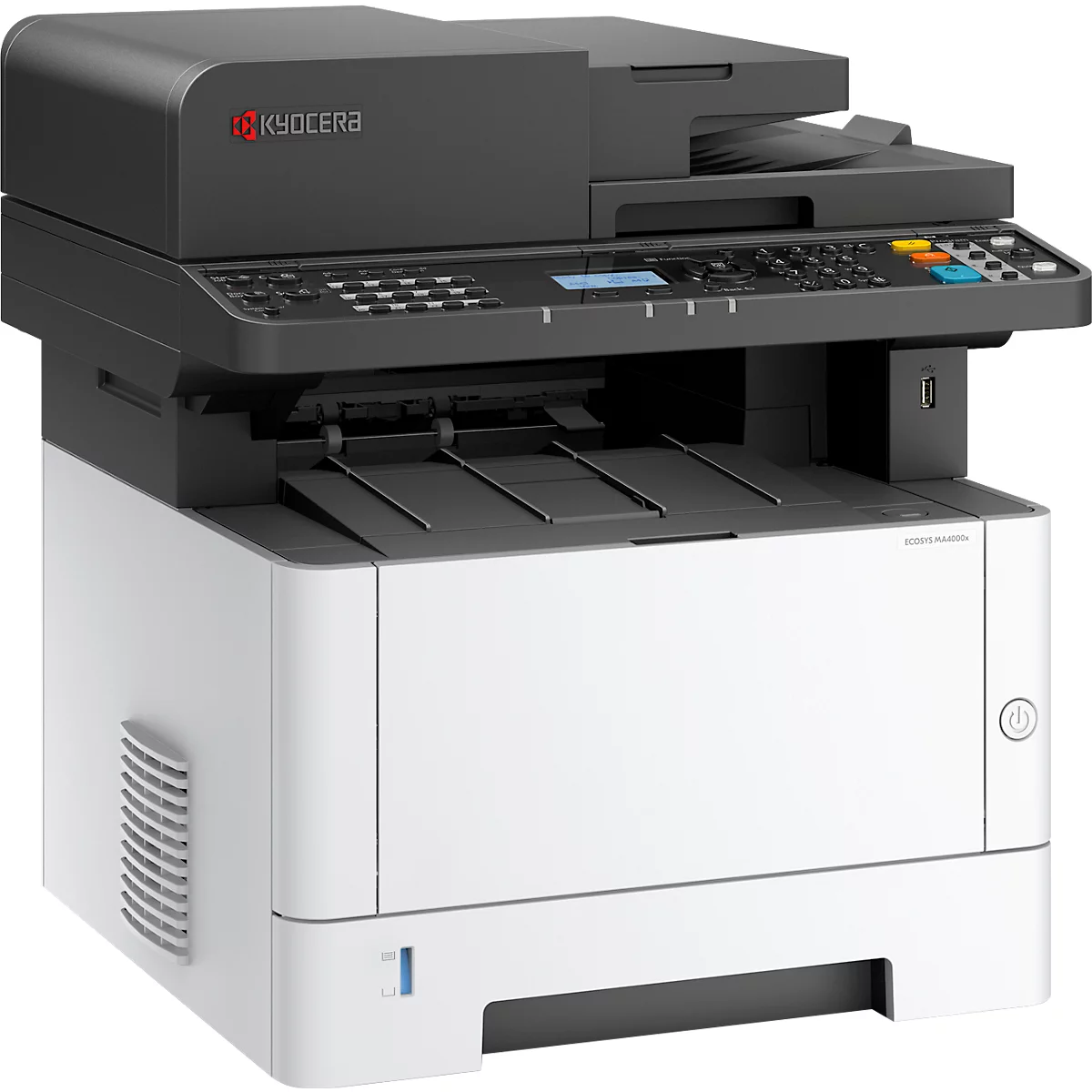 Vooraanzicht van een wit en zwarte Kyocera multifunctionele printer. Bedieningsknoppen rechtsboven.