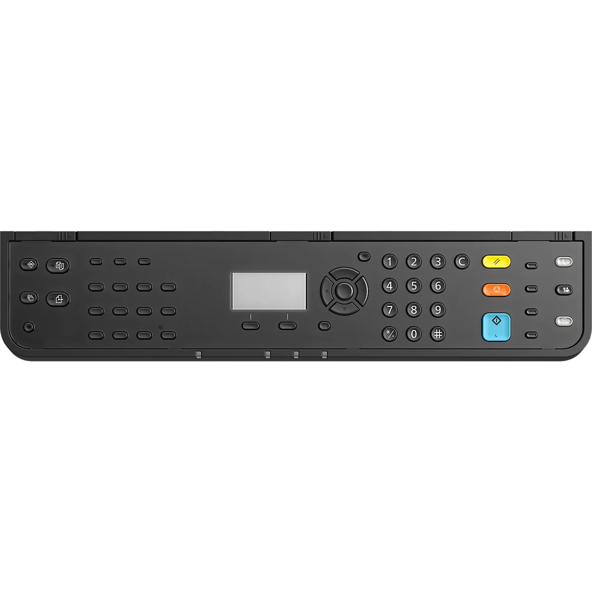 Bedieningspaneel van een printer: zwarte behuizing met knoppen, display en numeriek toetsenbord. Geel, oranje, blauw. Rechthoekig display.