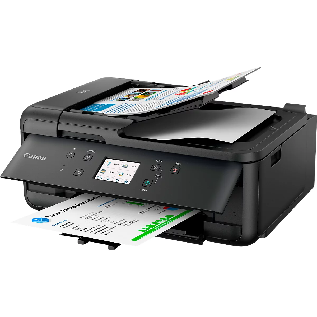 Zwarte Canon printer met gekleurde afdrukken. Vellen liggen in de uitvoerlade bovenaan. Een pagina ligt klaar in de invoer.