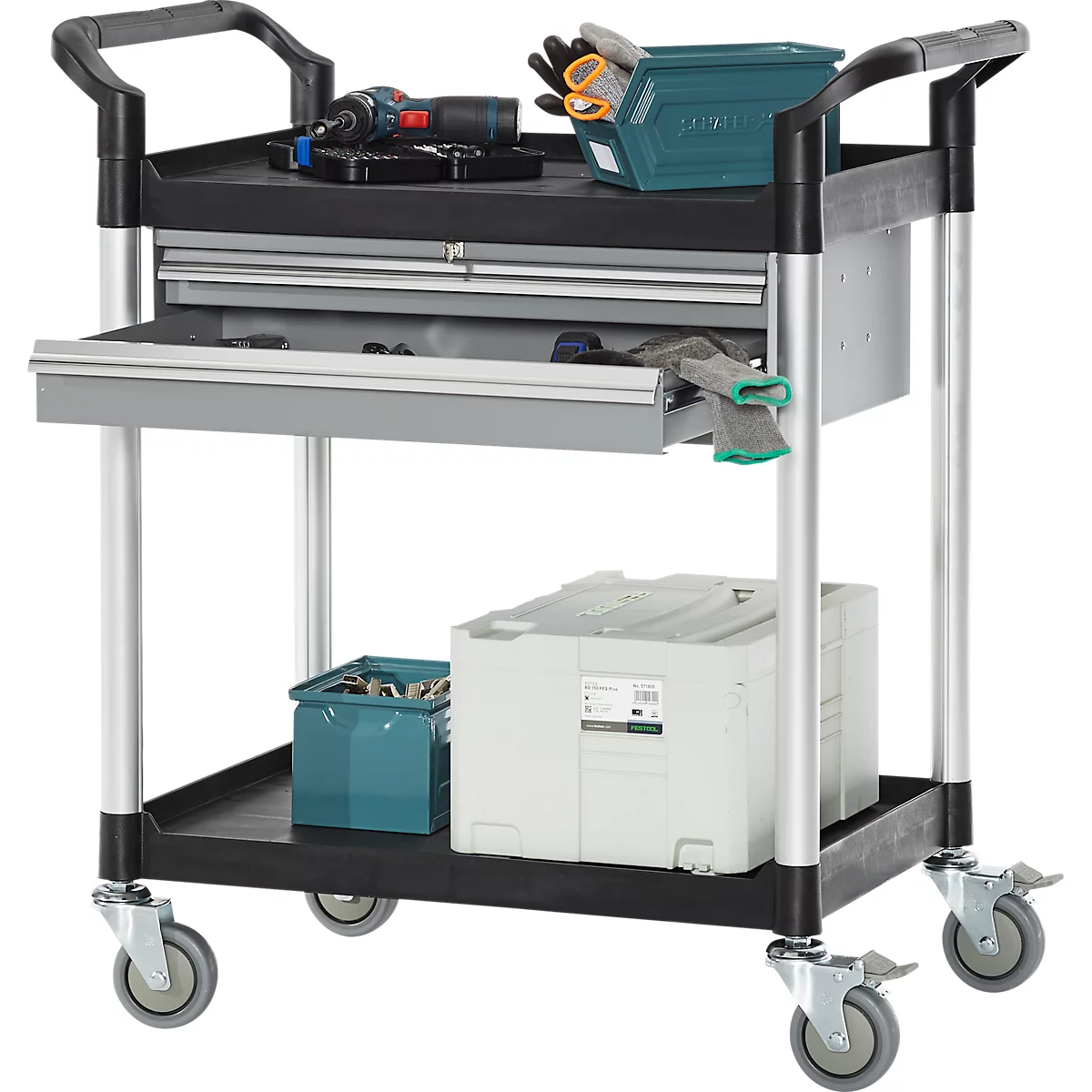 Multifunctionele wagen, 2 laden, 4 TPR zwenkwielen met 2 remmen, 2 legborden, L 680 x B 450 mm, kunststof/aluminium, zwart/aluminiumzilver 