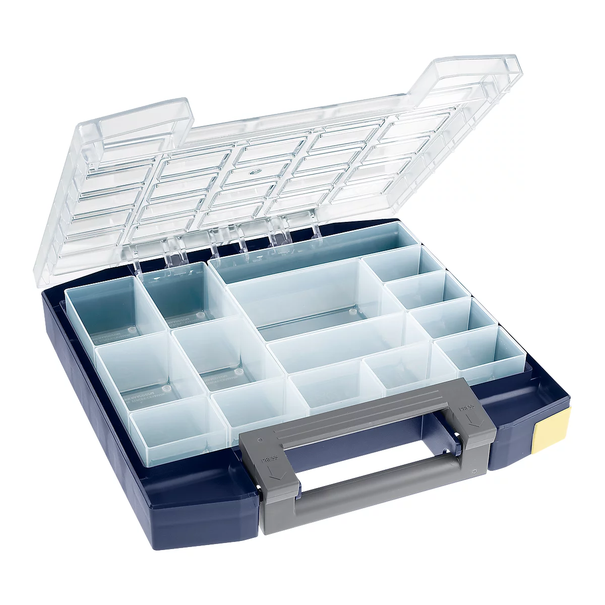 Multifunktionaler Sortimentskoffer boxxser 55, 15 Einsätze, B 421 x T 361 x H 55 mm, blau/grau/transparent