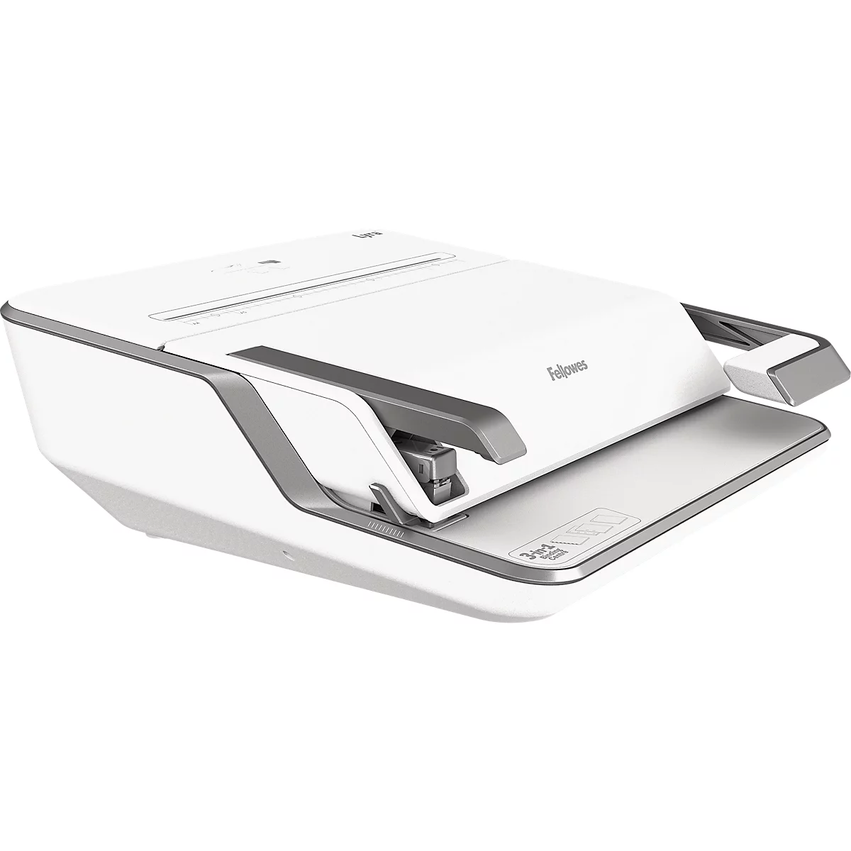 Multifunktions-Bindegerät Fellowes Lyra, binden/heften/lochen, bis DIN A4, B 423 x T 395 x H 153 mm, silber-weiß