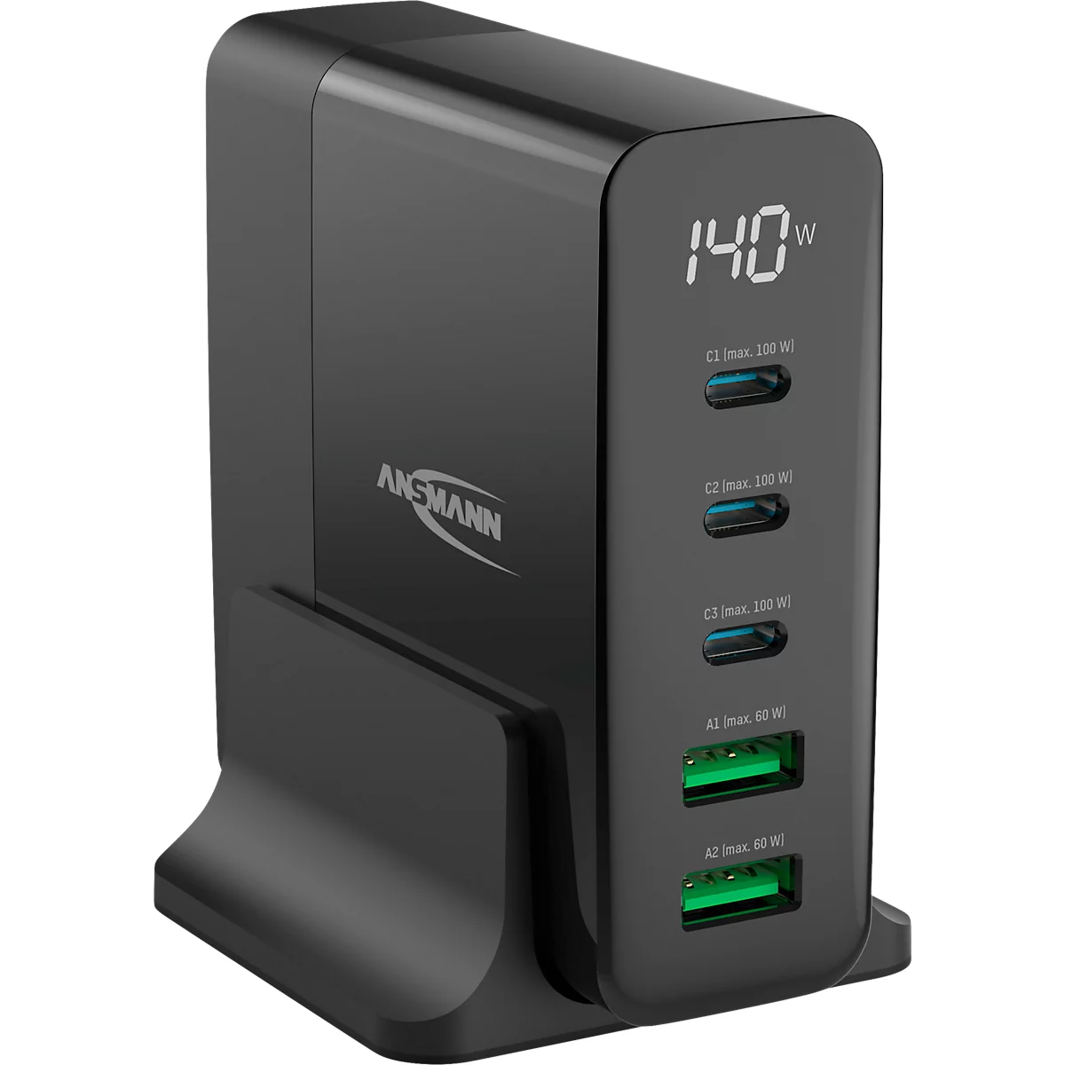 Multiladegerät Ansmann Desktop Charger, 140 W, GaN-Technologie, für bis zu 5 Geräte, 2 x USB-A und 3 x USB-C, Display, schwarz