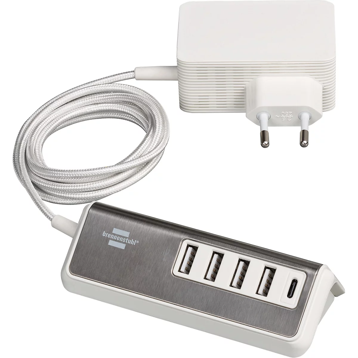 Multiladegerät brennenstuhl® estilo, für bis zu 5 Geräte, 4x USB-A und 1 x USB-C, Schnellladefunktion, Kabellänge 1,5 m, silber-weiss
