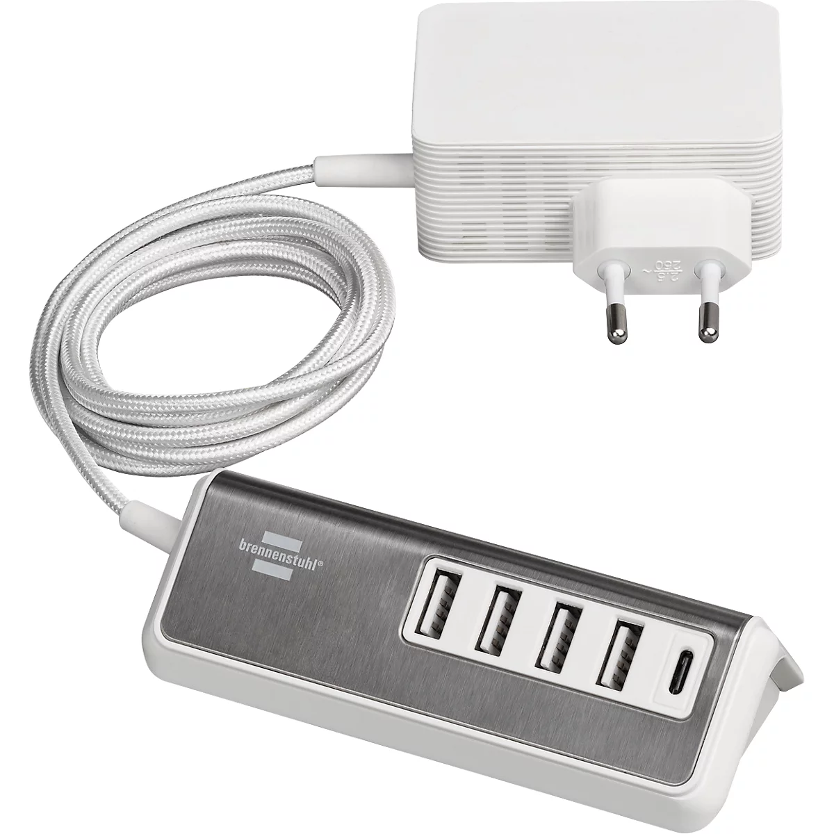 Multiladegerät brennenstuhl®estilo, für bis zu 5 Geräte, Schnellladefunktion, 1,5 m Textil-Kabel, 1x USB-C, 4x USB-Ladebuchse, Edelstahloberfläche, weiß