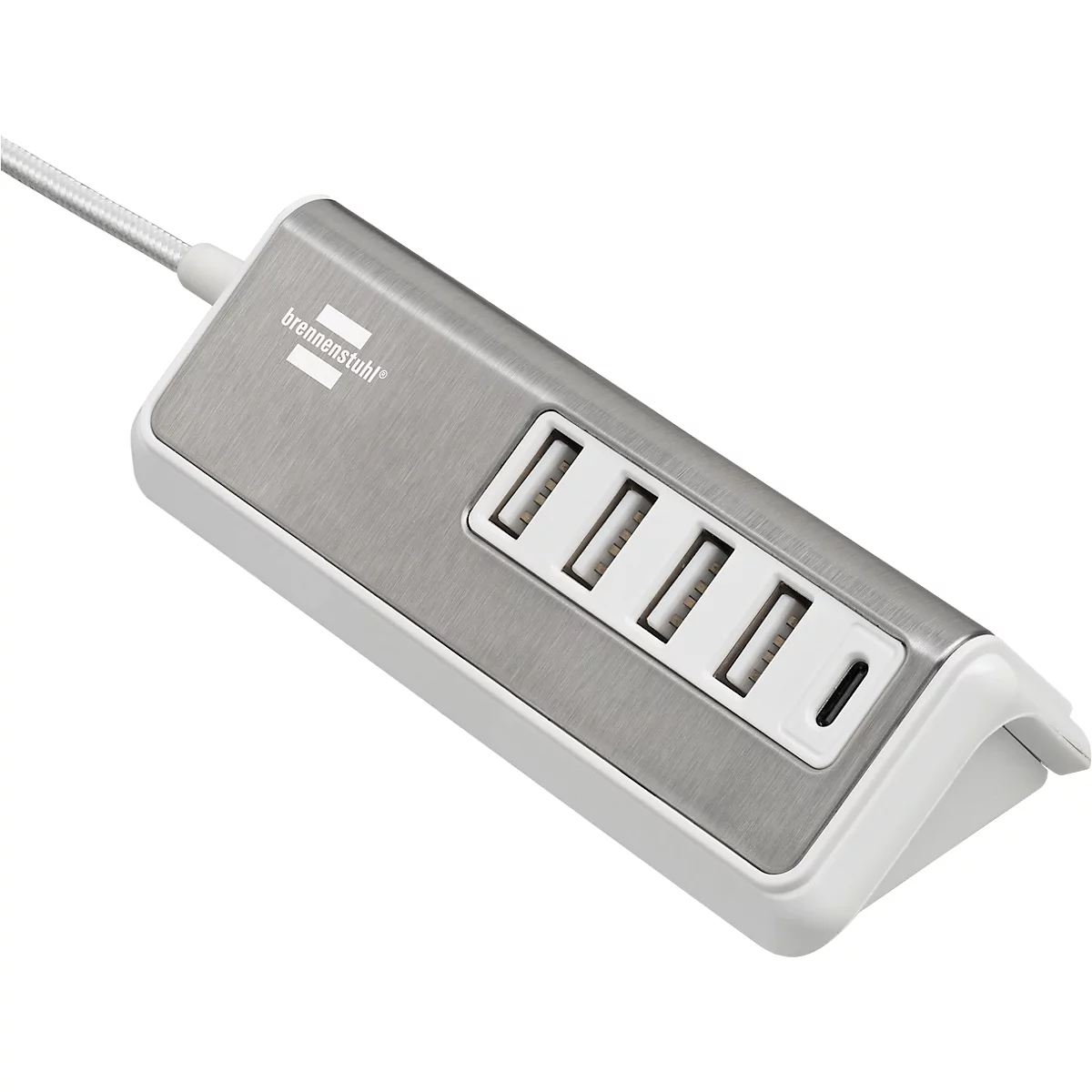 Multiladegerät brennenstuhl®estilo, für bis zu 5 Geräte, Schnellladefunktion, 1,5 m Textil-Kabel, 1x USB-C, 4x USB-Ladebuchse, Edelstahloberfläche, weiß
