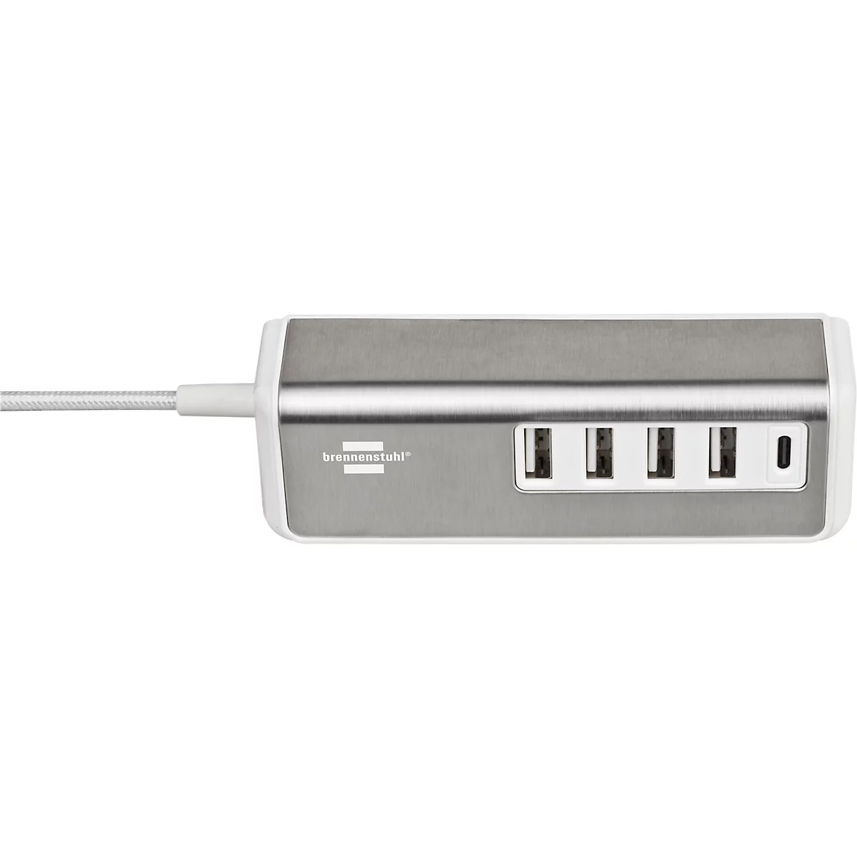 Multiladegerät brennenstuhl®estilo, für bis zu 5 Geräte, Schnellladefunktion, 1,5 m Textil-Kabel, 1x USB-C, 4x USB-Ladebuchse, Edelstahloberfläche, weiß